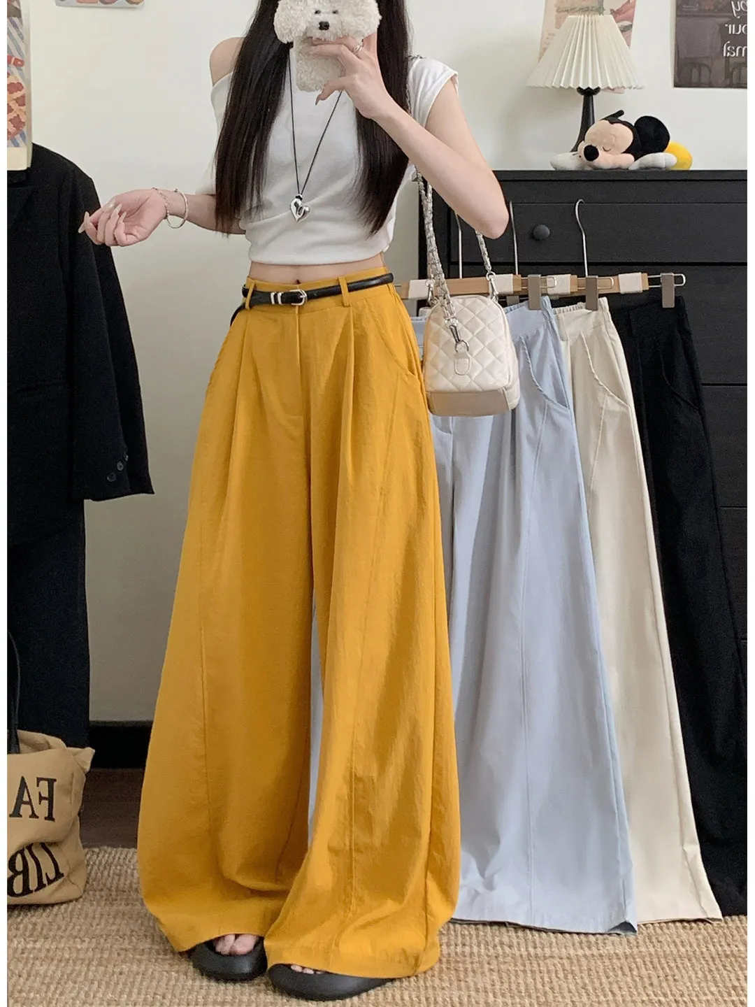 

Женские повседневные брюки с высокой талией на резинке, ранняя весна 2026, новый дизайн, модные, универсальные, стройнящие, свободные, широкие, длинные брюки