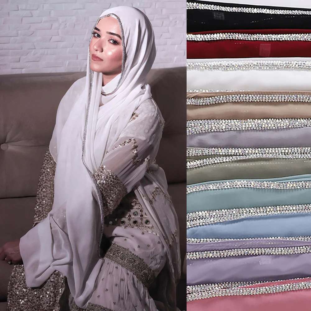 Luxury Bubble Chiffon Hijabs for Woman Shawls Shiny Crystal Edge Bling Bling Wrap Beach Bufandas Ramadan Islamic Muslim Sjaal