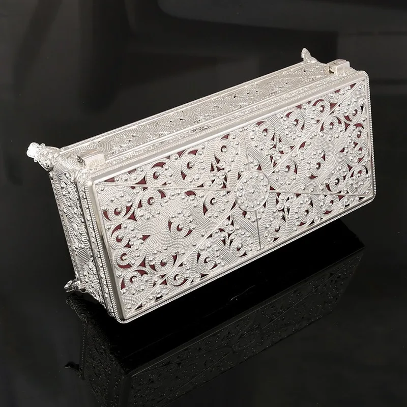 Metal Silver Rectangular Hollow Jewelry Box High End Birthday Wedding Gift Box, Earring Necklace Storage Box Home Decor