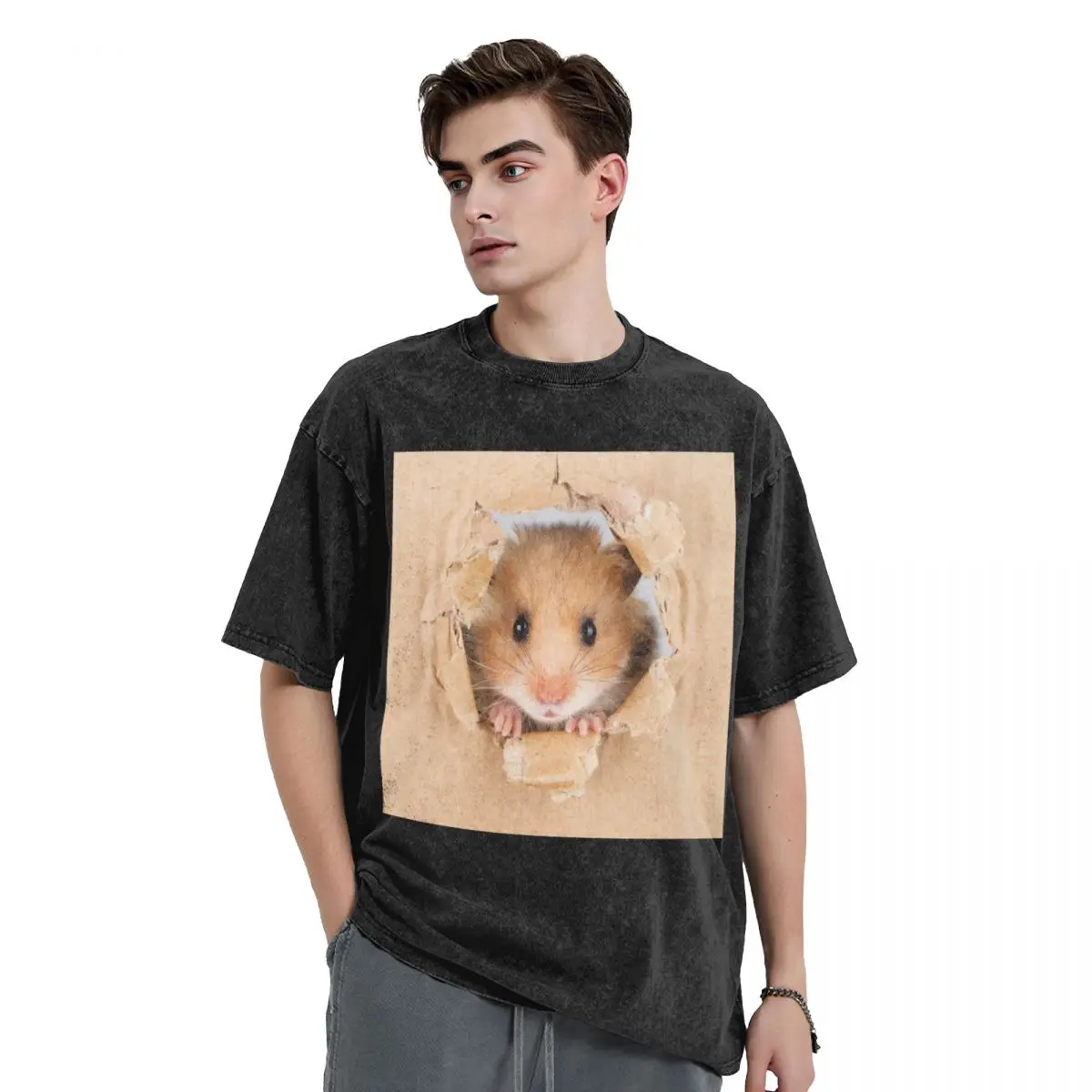 Cute Hamster Washed T Shirts Printed Short Sleeve Hip Hop T-Shirt Streetwear Tops Tees for Men Women