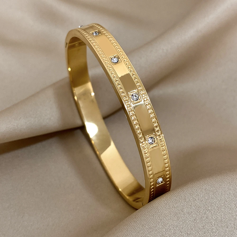 Freetry Simple Gold Plated Stainless Steel Bangles for Women Trendy Charm Cubic Zirconia Cuff Bracelets Waterproof Jewelry Gift