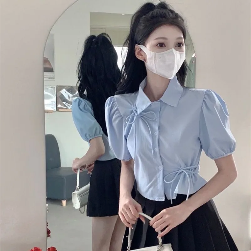 Puff Sleeve Bow Shirts Women Summer 2024 Solid Color Single Breasted Office Lady Korean Style Versatile Slim Short Blouse Female