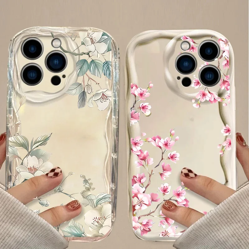 Cute Peach Blossom Flower Clear Wavy Phone Case for Iphone 17 16 11 12 13 14 15 Plus 17 Pro Max 16e 17 Air Soft Shockproof Cover