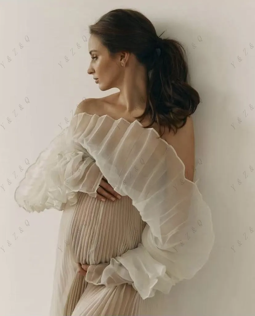 أناقة فستان حمل للنساء الحوامل شير قبالة الكتف ملابس للحمل طويلة الأكمام الكاملة فساتين الحمل مطوي