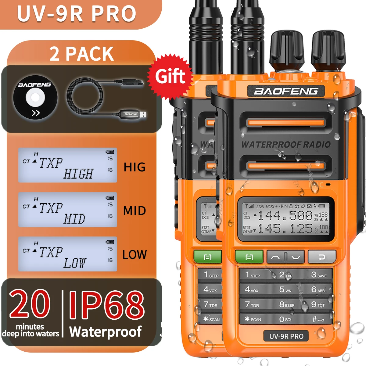 

2Pcs BaoFeng UV-9R Pro IP68 Waterproof Walkie Talkie Tri-power Long Range Portable Radio Upgrade UV-9R Plus Ham CB Radio