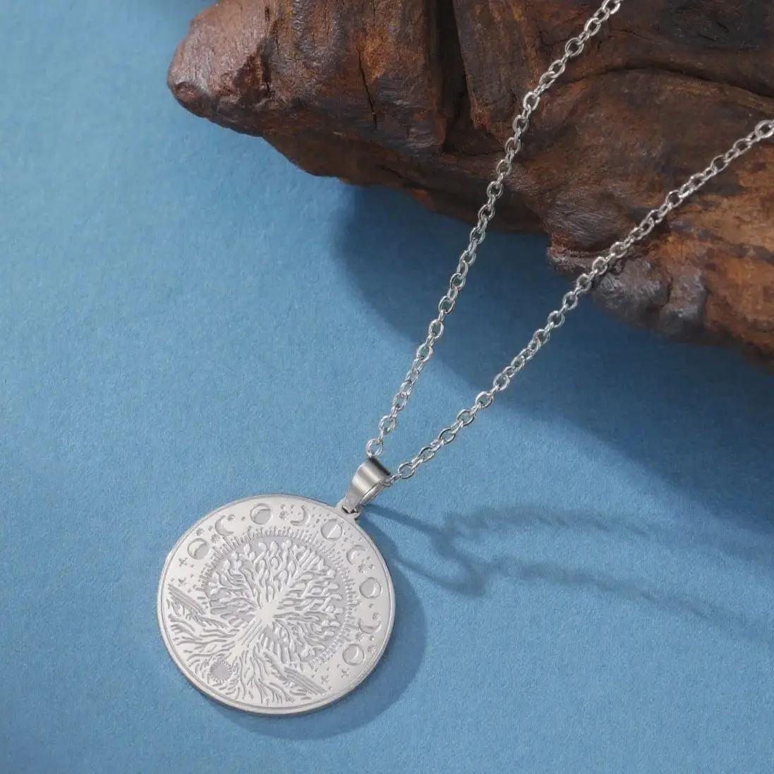LIKGREAT Tree of Life Necklace Triquetra Moon Phase Neckchain Stainless Steel Jewelry Wiccan Goddess Amulet Gift for Women