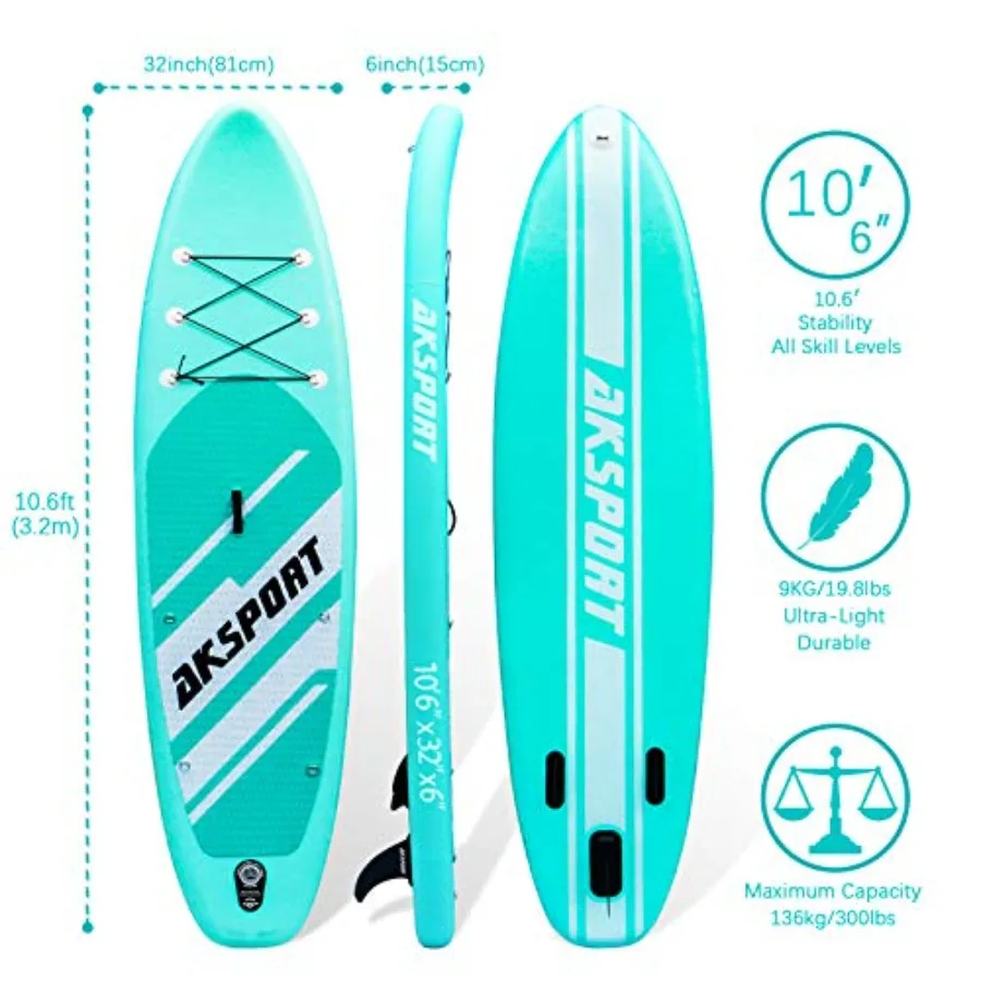 Inflatable Stand-Up Paddle Board for lake and ocean use, PVC material, blue color, extra wide 34 design with non-slip deck and
