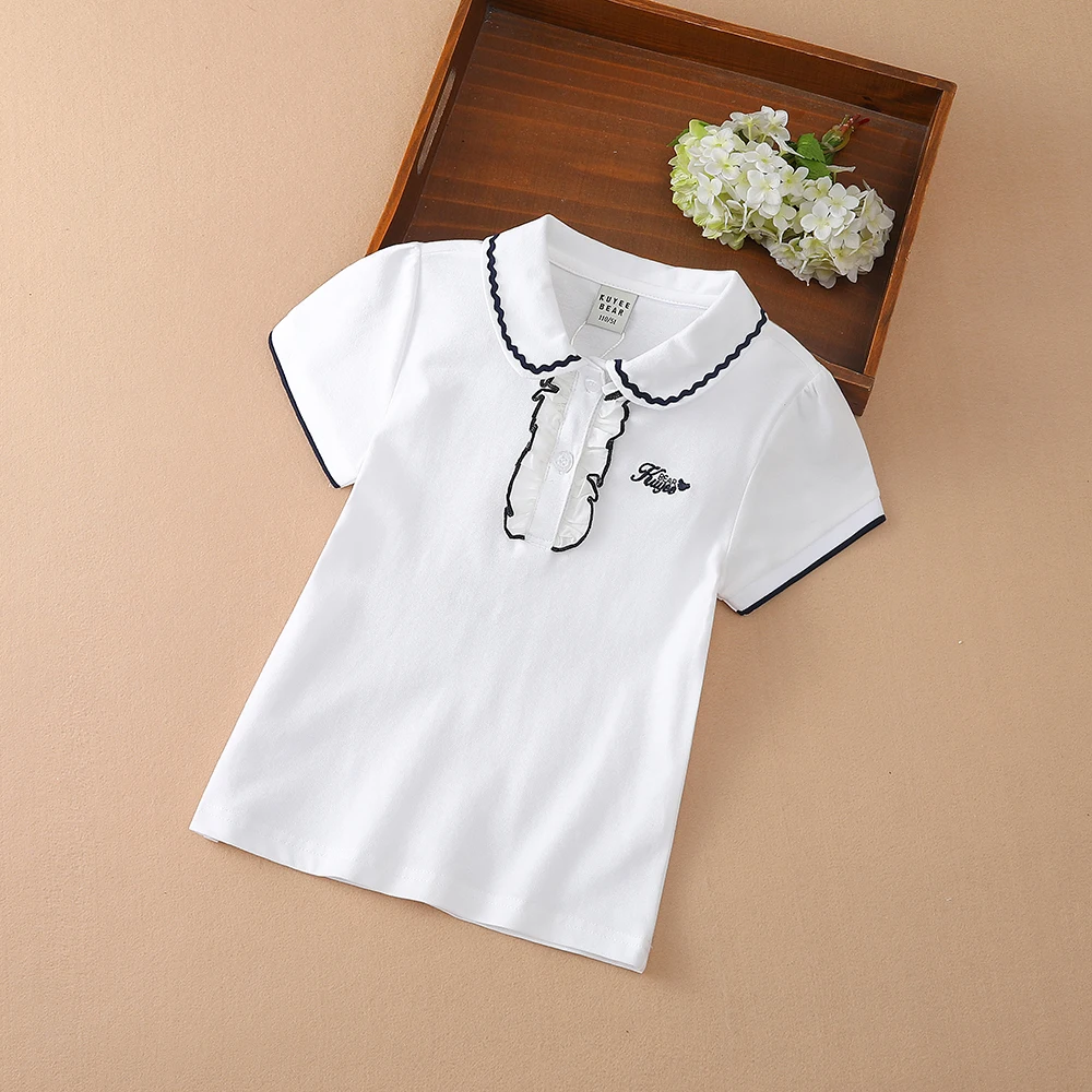 Girls Summer Polo Shirt 2023 Short Sleeve Peter Pan Collar Cute Casual T-Shirt Childrens Cotton Clothing