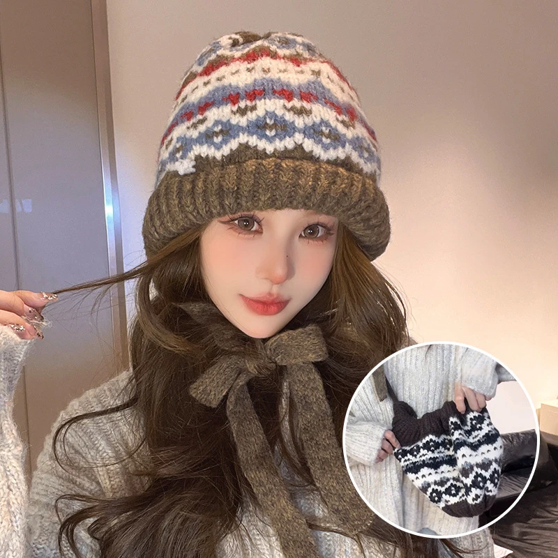 Retro Plaid Strap Knitted Beanies Caps For Women Autumn And Winter Travel Warm Casual Versatile Korean Balaclava Hats