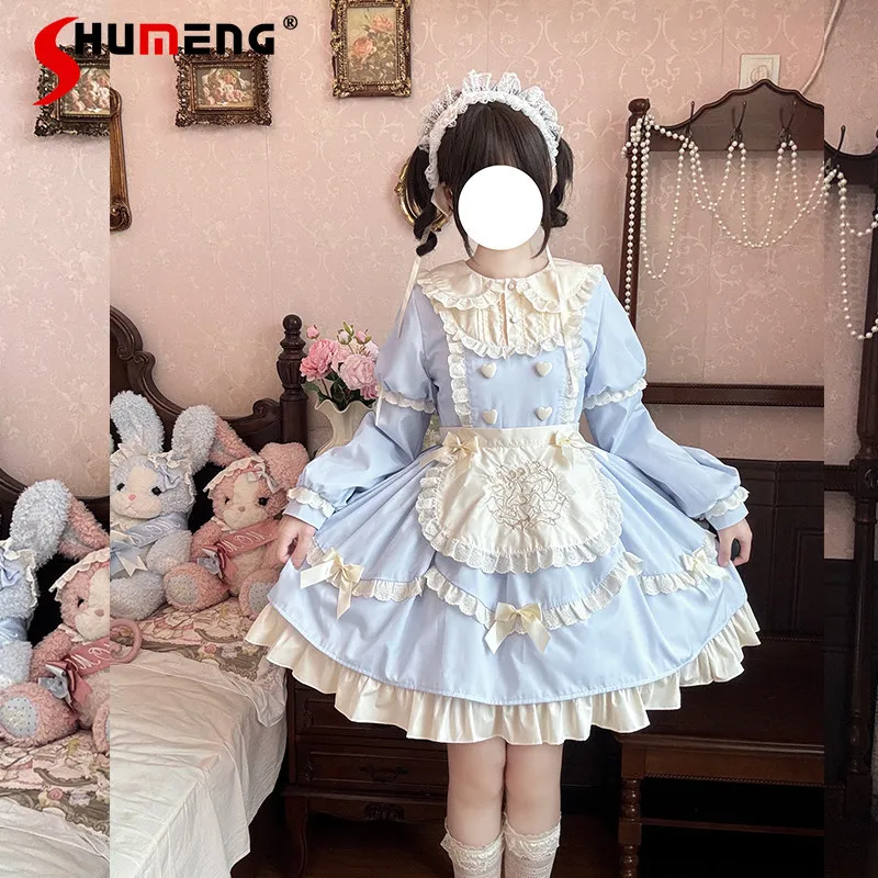 

Original Japanese Kawaii Maid Lolita Outfit Doll Collar Detachable Long Sleeves Heart Buckle Bow High Waist Short Dress Women