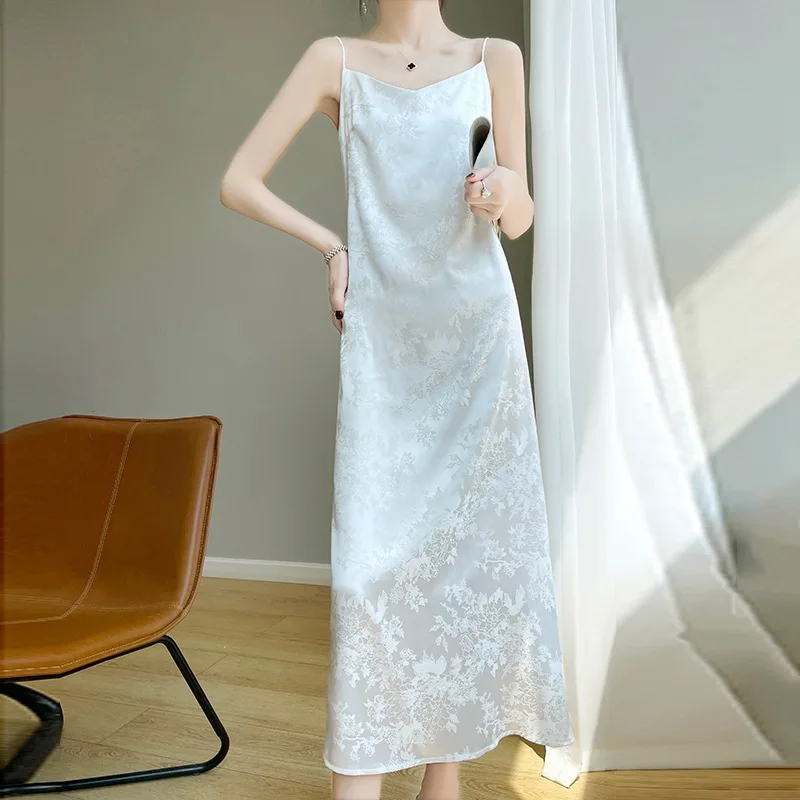 프렌치 아세테이트 새틴 V넥 스트랩 여성용, 봄과 여름 신상 자카드, 슬림 롱 드레스