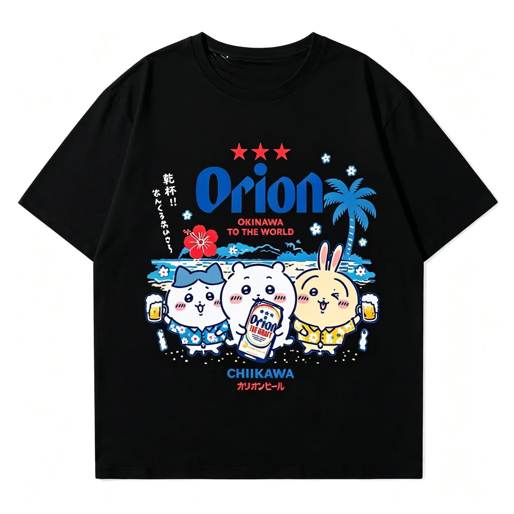 Kawaii Anime Summer Vacation Aesthetic Chiikawa Orion Beer Okinawa Collab Print Cotton Men Women Universal Crew Neck T-Shirt image 2