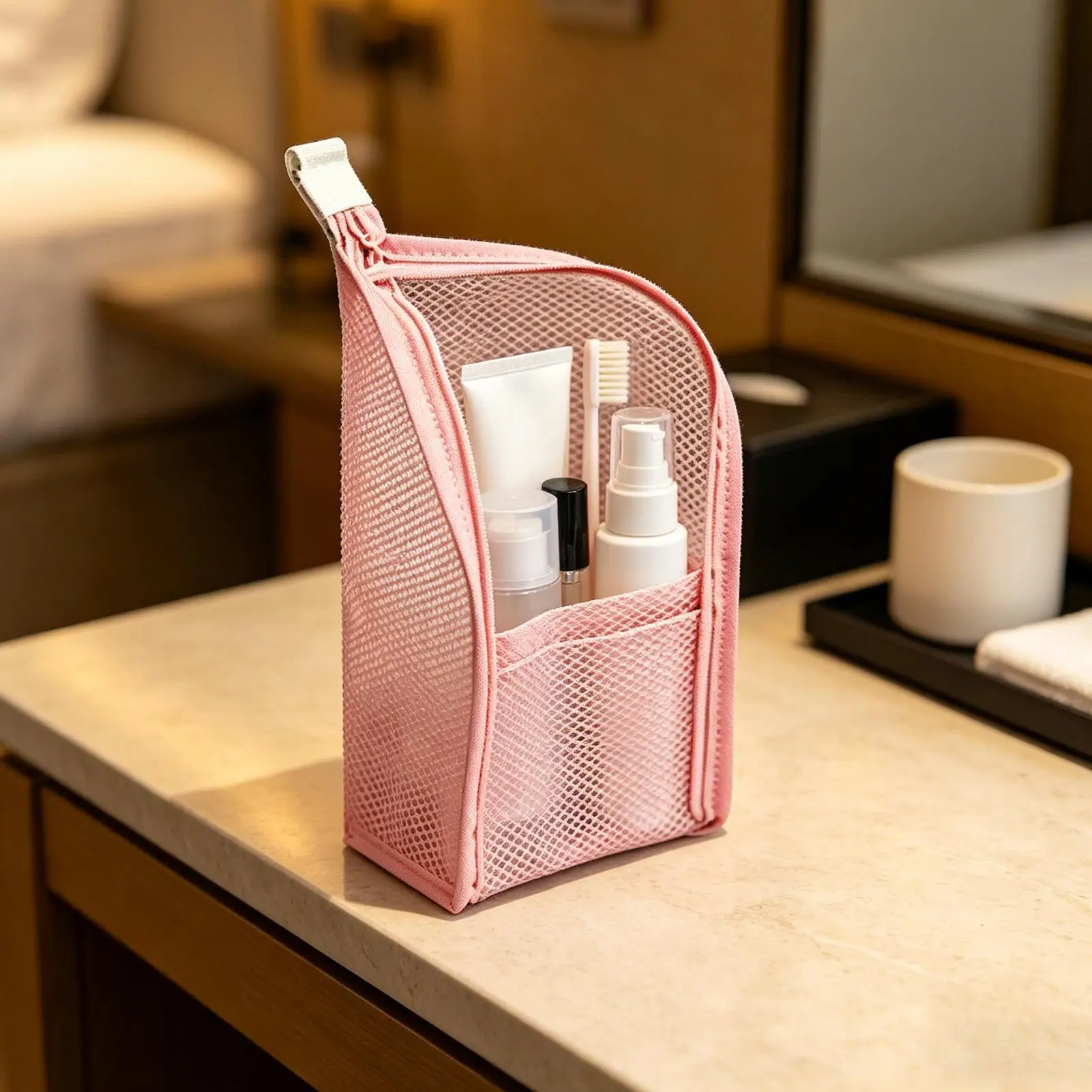 Standing Toiletry Bag Waterproof Mesh Cosmetic Pouch Women Travel Size Toiletries Bag For travel Home Bathroom Bedroom Gym