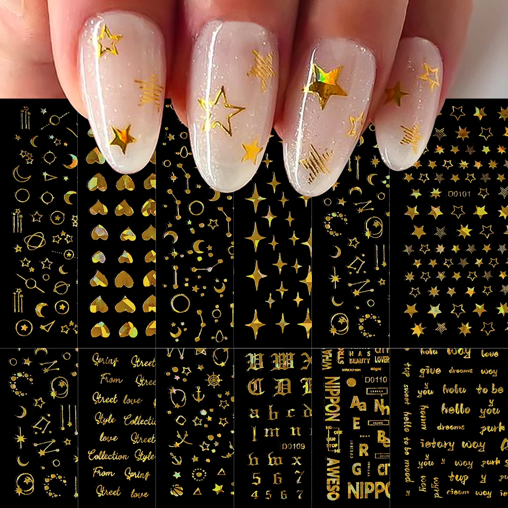 Autocollants holographiques 3D pour ongles, 12 pièces, stickers, étoile, lune, amour, cœur, or, argent, métal, design, décalcomanie, DIY