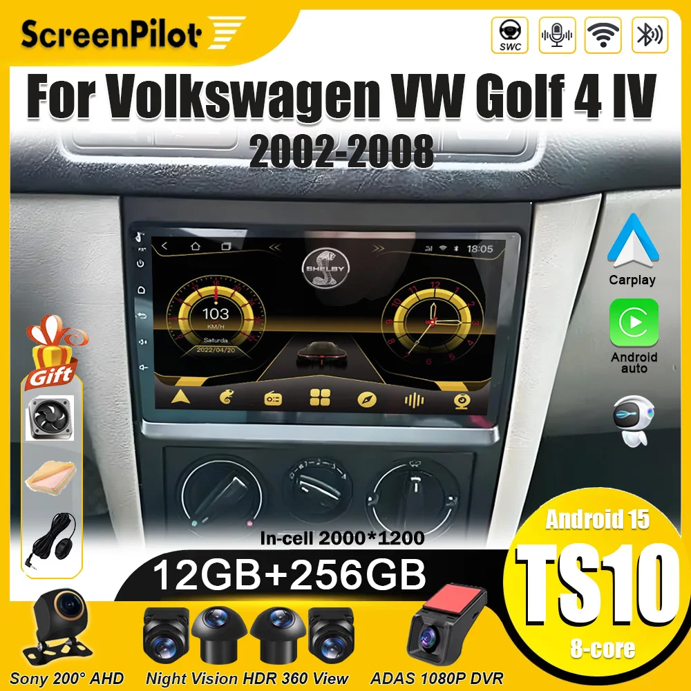 Para Volkswagen VW Golf 4 IV 2002-2008, Rádio de Carro Multimídia Android 16 Jetta MK4, Player de Vídeo com Tela Touch Carplay