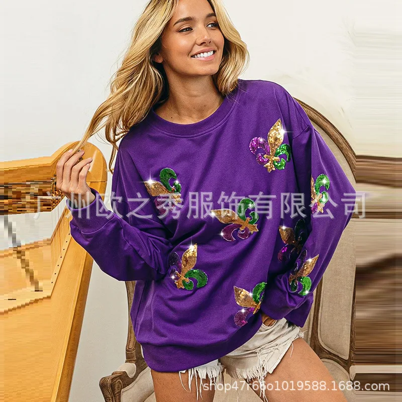 Women's Autumn Spring Top Sweatshirt Knitted Sequins Embroidery Retro Simple Loose Casual Fashion Soft Niche Versatile Skinny