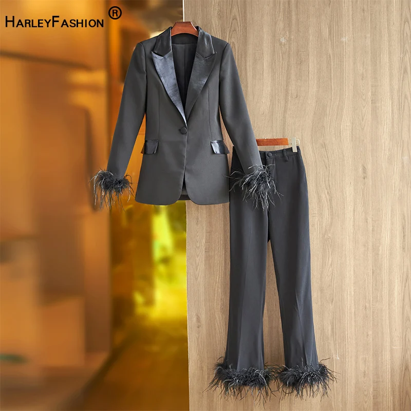 England Style Luxury Design Black Ostrich Feather Patchwork Street Women Pants Sets Quality Suits