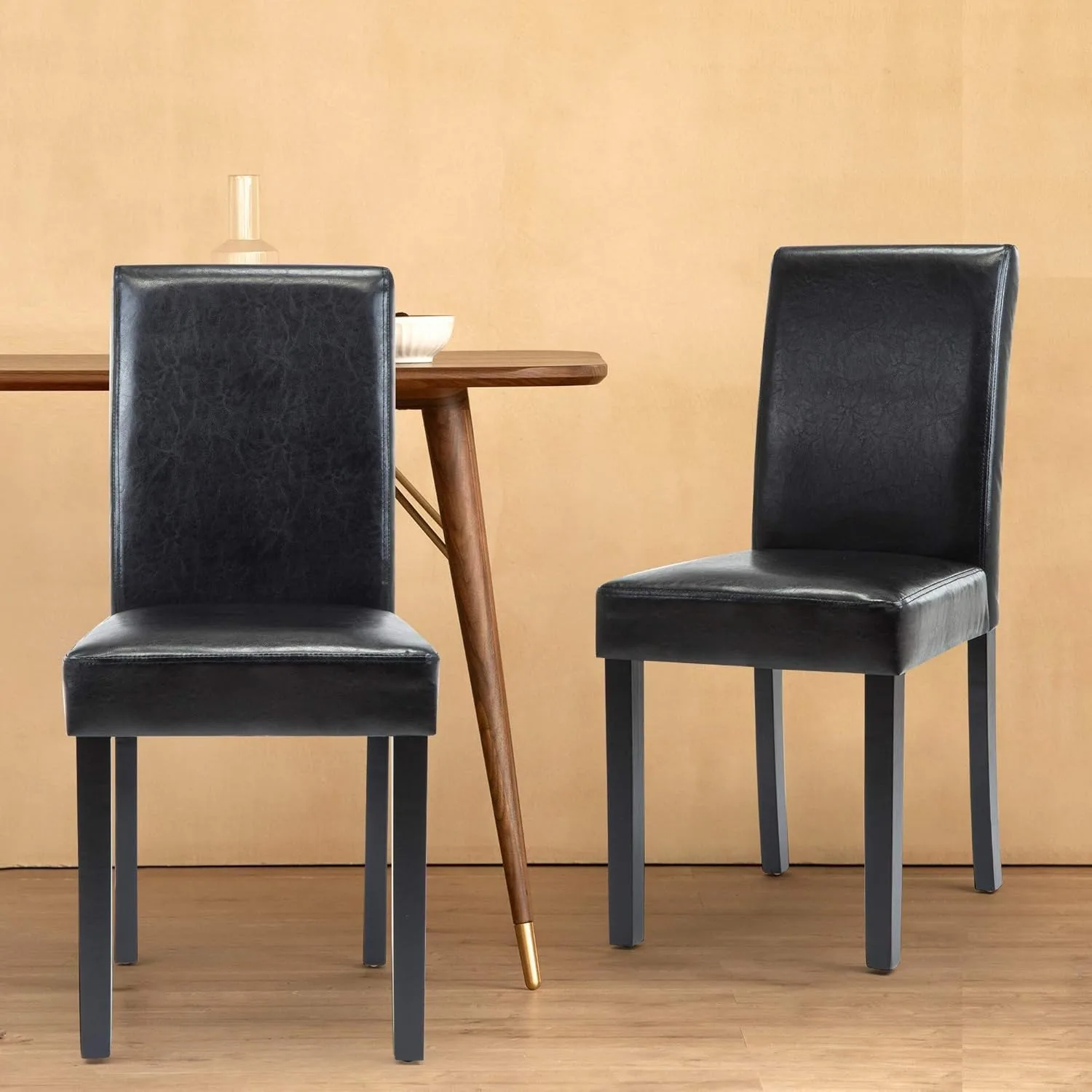 Dining Chairs Set of 2 PU Leather Dining Room Chairs, Armless Upholstered Kitchen Chair with Black Solid Wood Legs, Black