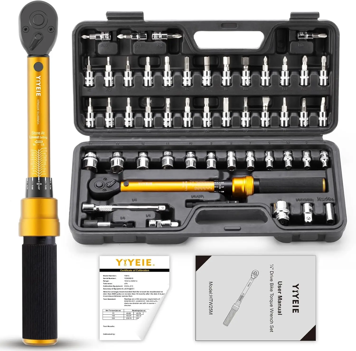 

50Pcs Bike Torque Wrench Set, 1/4" Drive, 10-230 IN.LB (1-26 Nm), Click-Type with Bit Sockets and Adapter for MTB Repair
