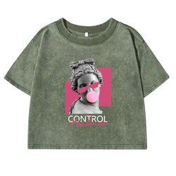 A Sculpture Of A Woman Blowing Bubbles Print Women Washed T Shirt Cotton Casual Short Sleeve Crop Top Street All-Match Tee