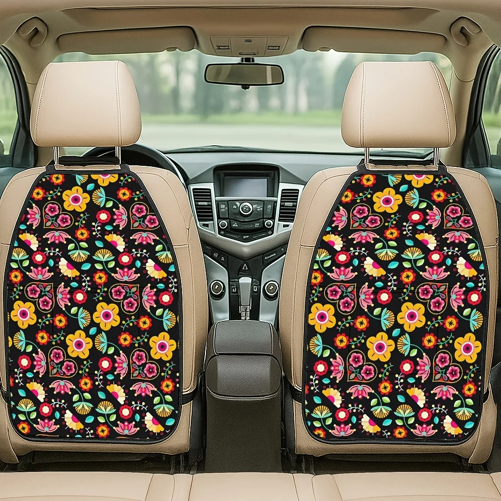 2pcs Colorful Floral Dream Theme Car Seat Kick Mats, Fashionable Individual Car Seat Back Kick Pads, Easy To Install, Storage An