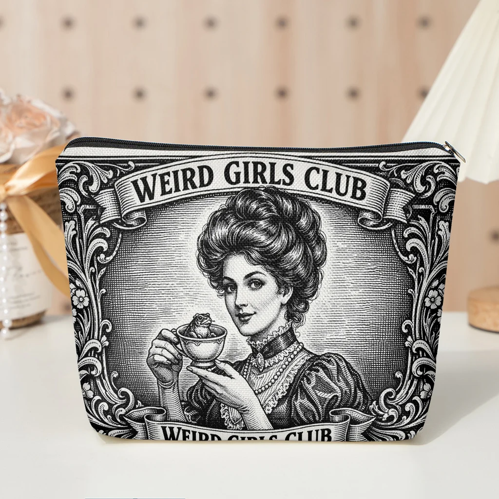 Weird Girls Club Linen Makeup Bag Foldable Portable Toiletry Bag Zipper Closure Use for Men Women Travel Storage Daily