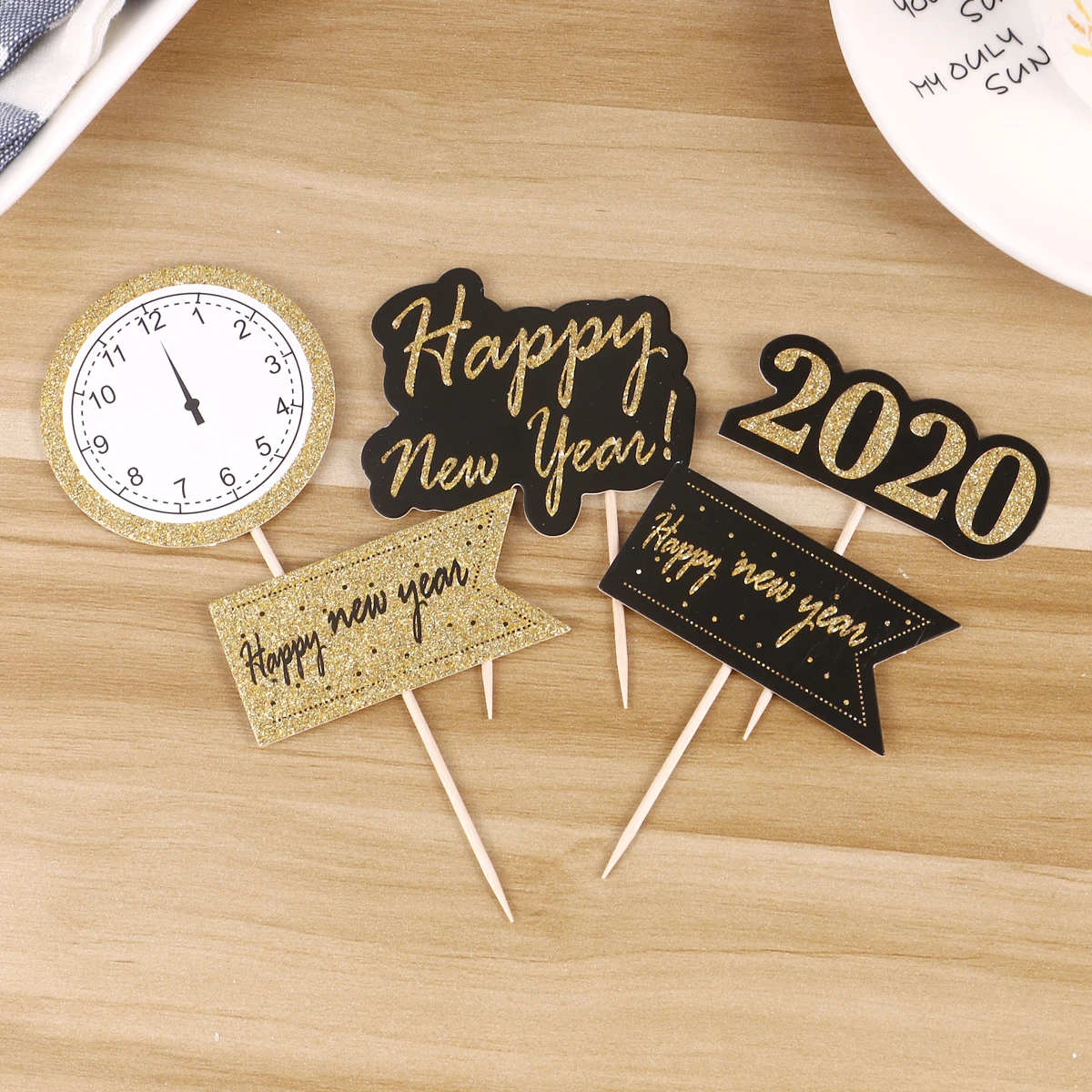 

5pcs Cake Toppers Happy New Year Picks Cupcake Decorations Bamboo Dessert Flags Party Supplies Birthday Wedding Engagement