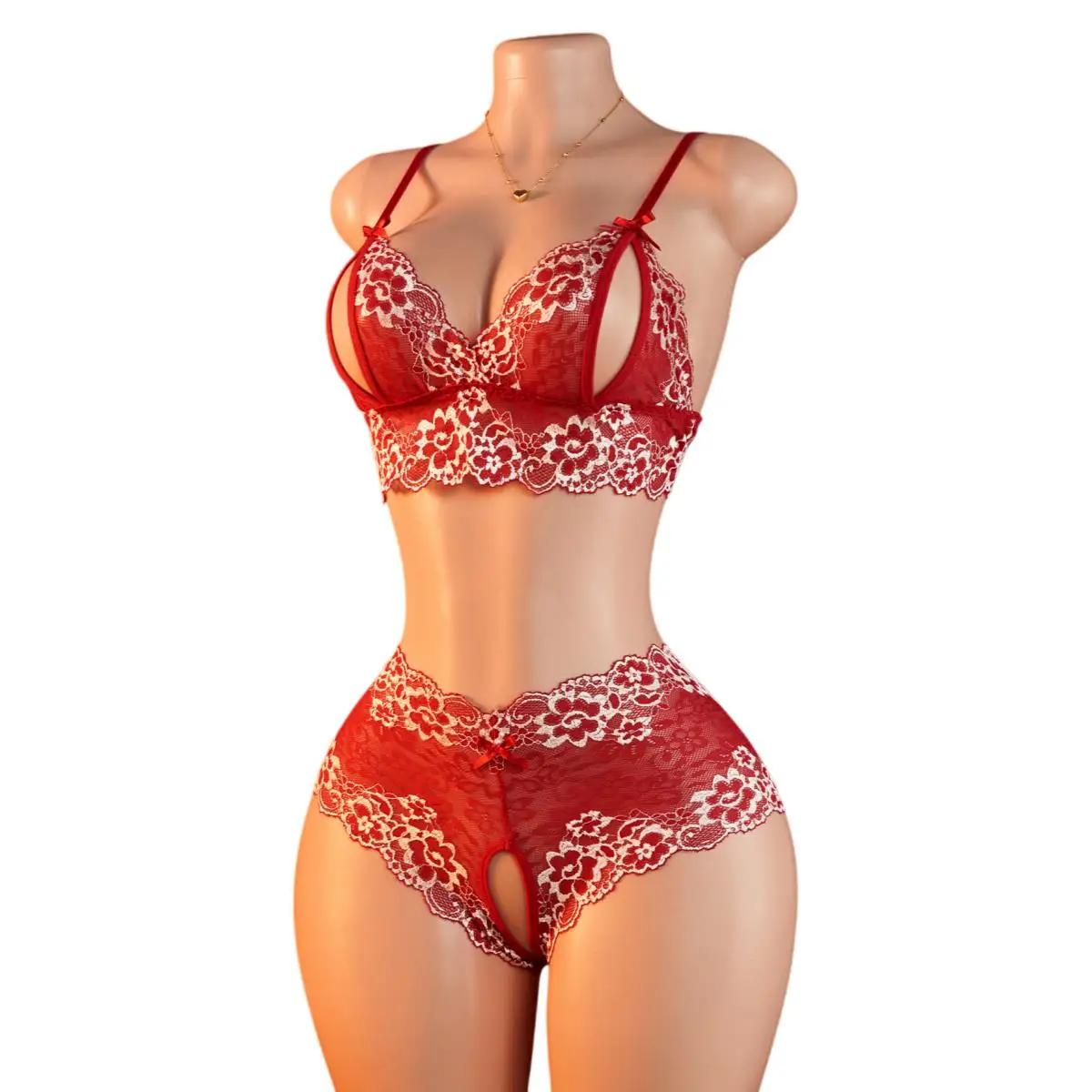 Open-cup Bra Set Sexy Lingerie For Women Hollow Transparent Flower Lace Underwear Brassiere + Crotchless Panty Seductive 2 Piece
