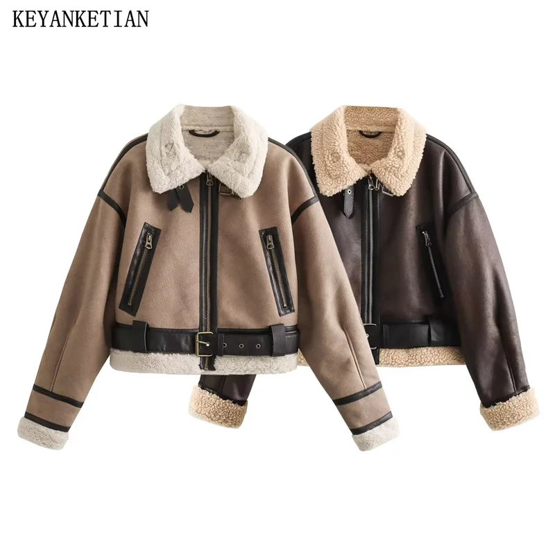 Keyanketian-女性用の両面毛皮の短い革のジャケット,パッド入り,厚くて暖かい,人工,クロップトップ,冬用,新しい