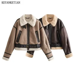 KEYANKETIAN Winter New Women's Double Faced Fur Short Leather Jacket Padded Thick Warm Artificial Fur Jaqueta Feminina Crop Top