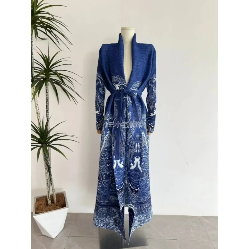 Autumn New Abaya Women's Long Sleeve Loose Dress Trench Coat Jacket Fashion Blue Printed Cardigan Robe