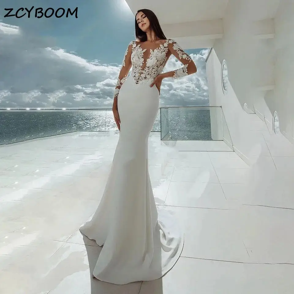 

Sexy Full Sleeves Appliques Button O-neck Sweep Train Elegant Wedding Dress 2024 Mermaid Illusion Bridal Gowns Vestido De Noiva