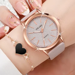 2PCS/Set Women's Watch Casual Shiny Fashion Quartz Watch Analog PU Leather Wrist Watch Heart Bracelet