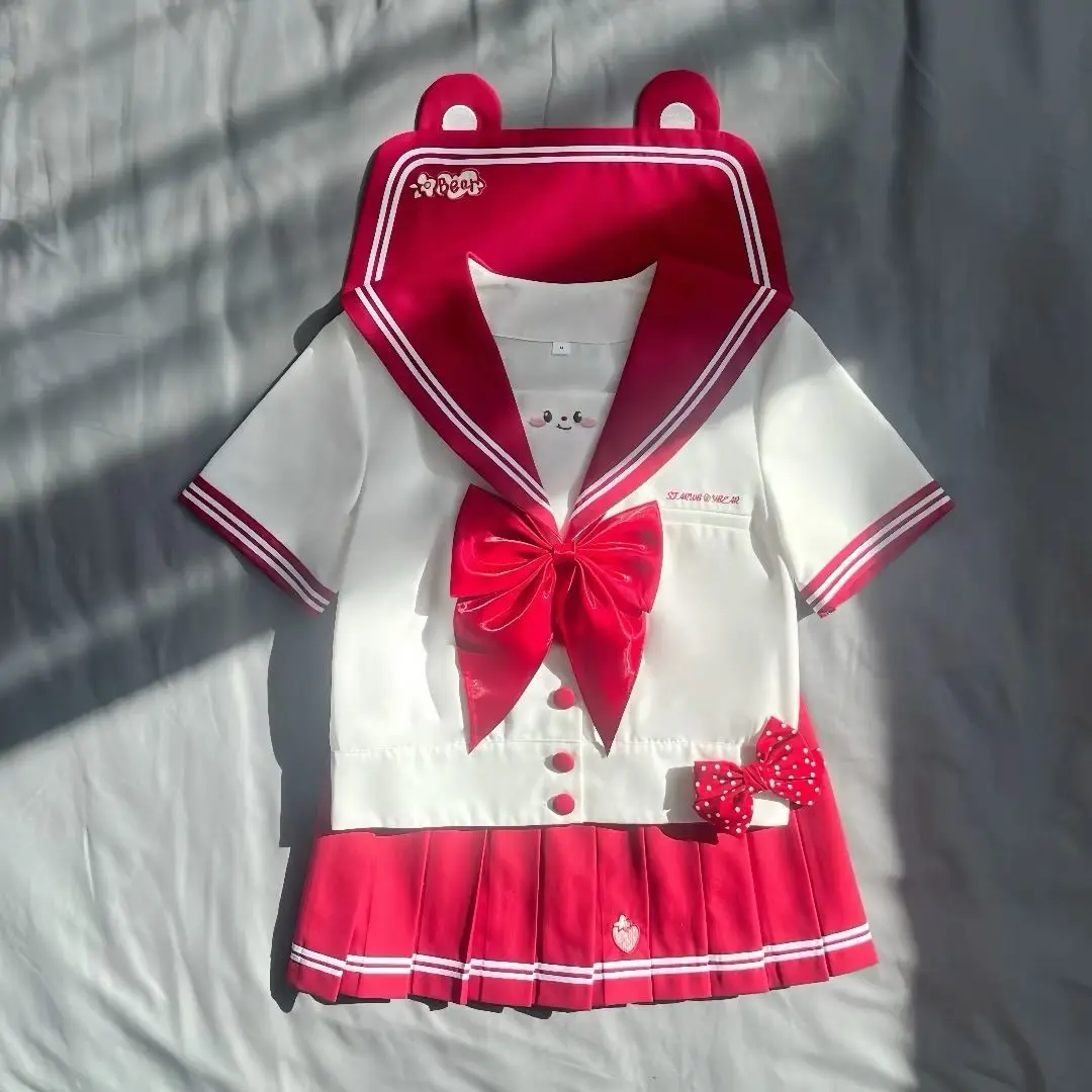 Rode beer patroon JK afslankuniform Japanse stijl taille-cincerend matrozenpakje College lange set met korte mouwen Authentiek schattig