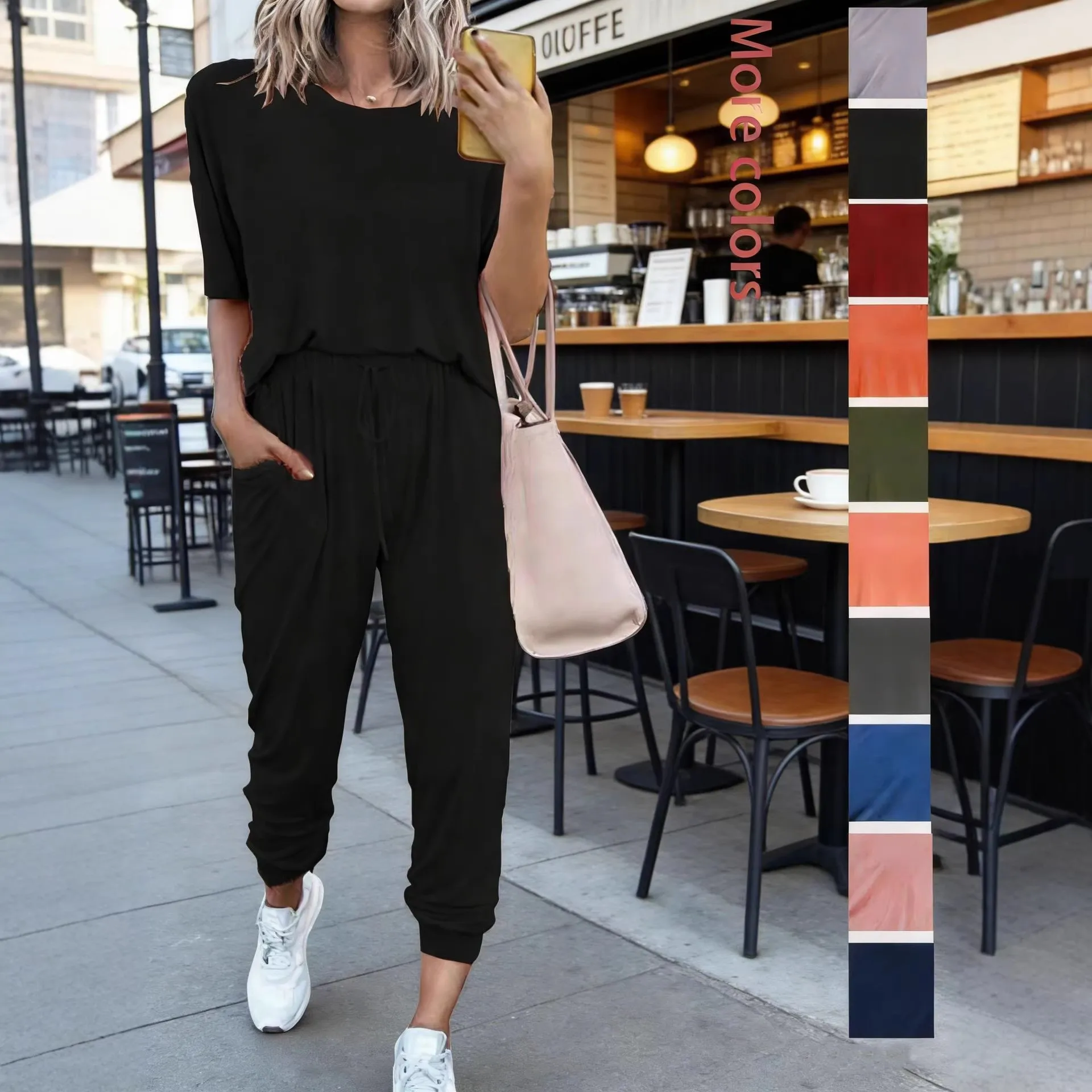 

Womens Matching Sets Summer Casual T Shirt Two Piece Set Short Sleeve Tee Black Oversized Relaxed Fit T-Shirt Olive Green
