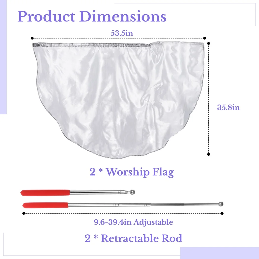 2Pcs Silver Praise Flag Semicircle Worship Flags Praise Dance Flags Scalable Rods Shiny Worship Flag Metallic Semicircle Banner
