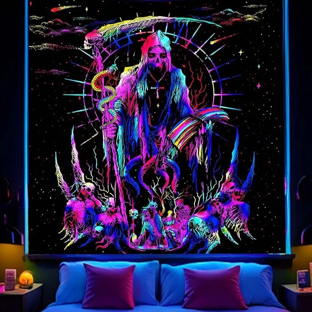 

Gothic Grim Reaper Blacklight Tapestry UV Reactive Peach Skin 2D Flat Print Psychedelic Death Scythe Wall Hanging Bedroom Decor