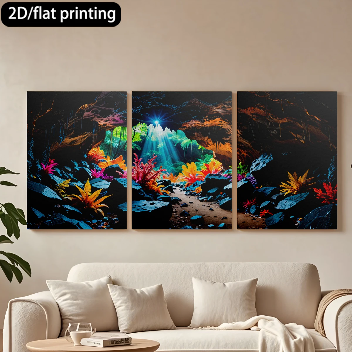 

3pc wooden frame canvas decorative paintingEnchanting cave, lush flora, sunlight.Corridor bedroom decoration