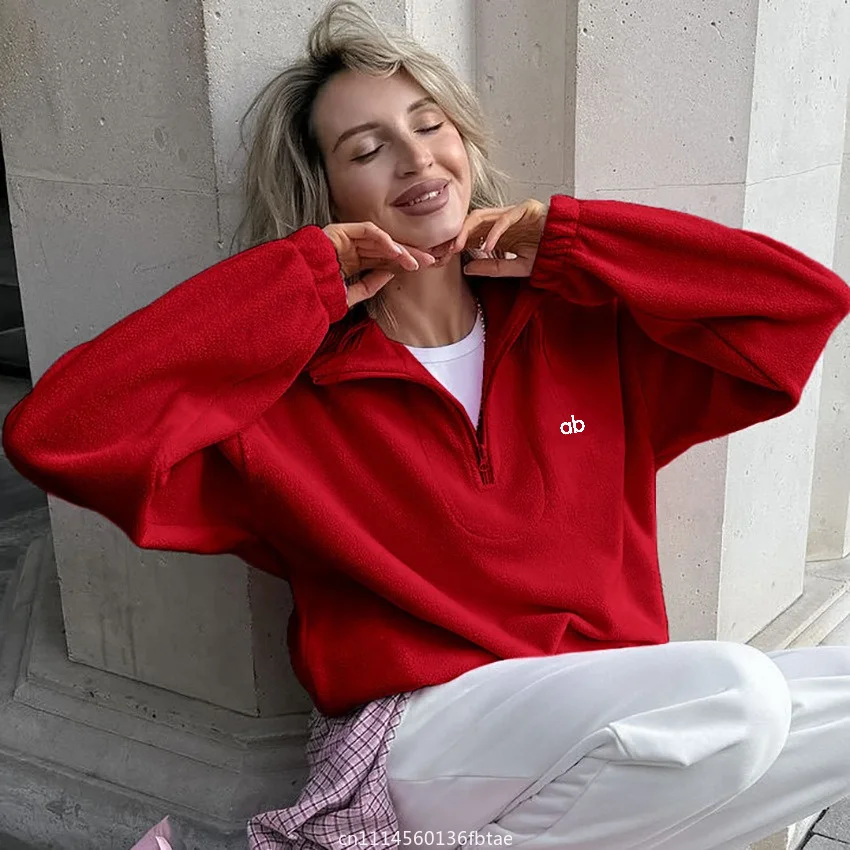 NEW Women Autumn Winter Zipper Loose Sweatshirt Elegant Solid Pullover Casual Top Streetwear Fleece Hoodies Elegant Stand Collar