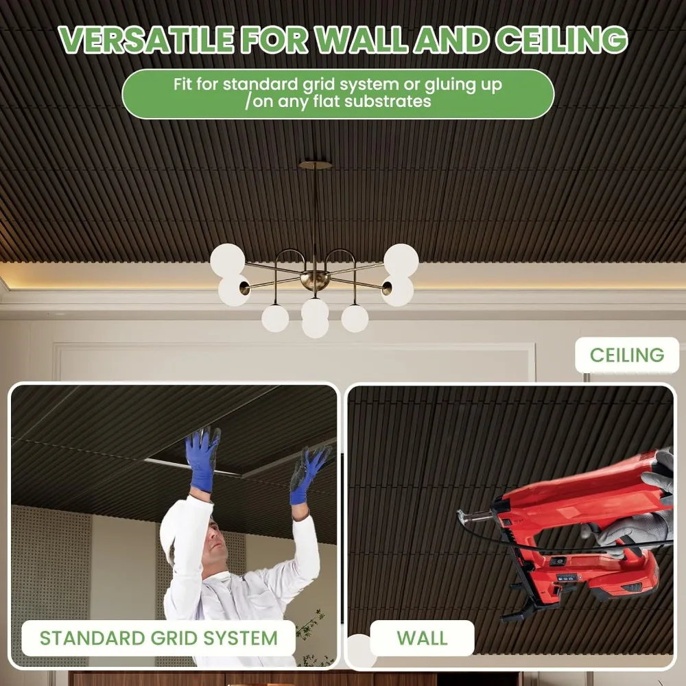 24 baldosas de techo negras, baldosas de techo de PVC de 2x4 pies para decoración de interiores, impermeables, lavables y clasificadas al fuego, ideales para la vida