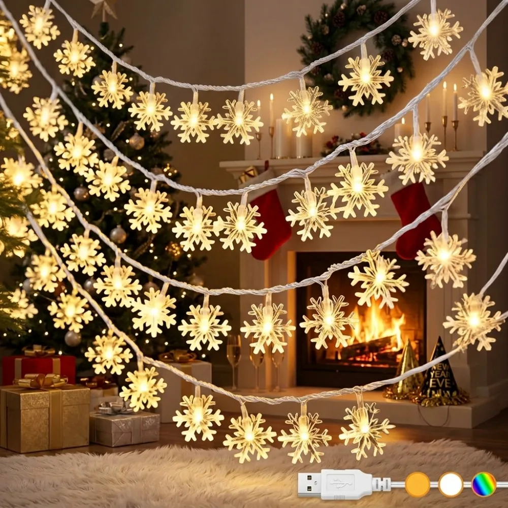 USB Powered Snowflake String Lights Christmas Fairy Lights for Wedding Party Bedroom Indoor Home Decoration and Holiday Decor