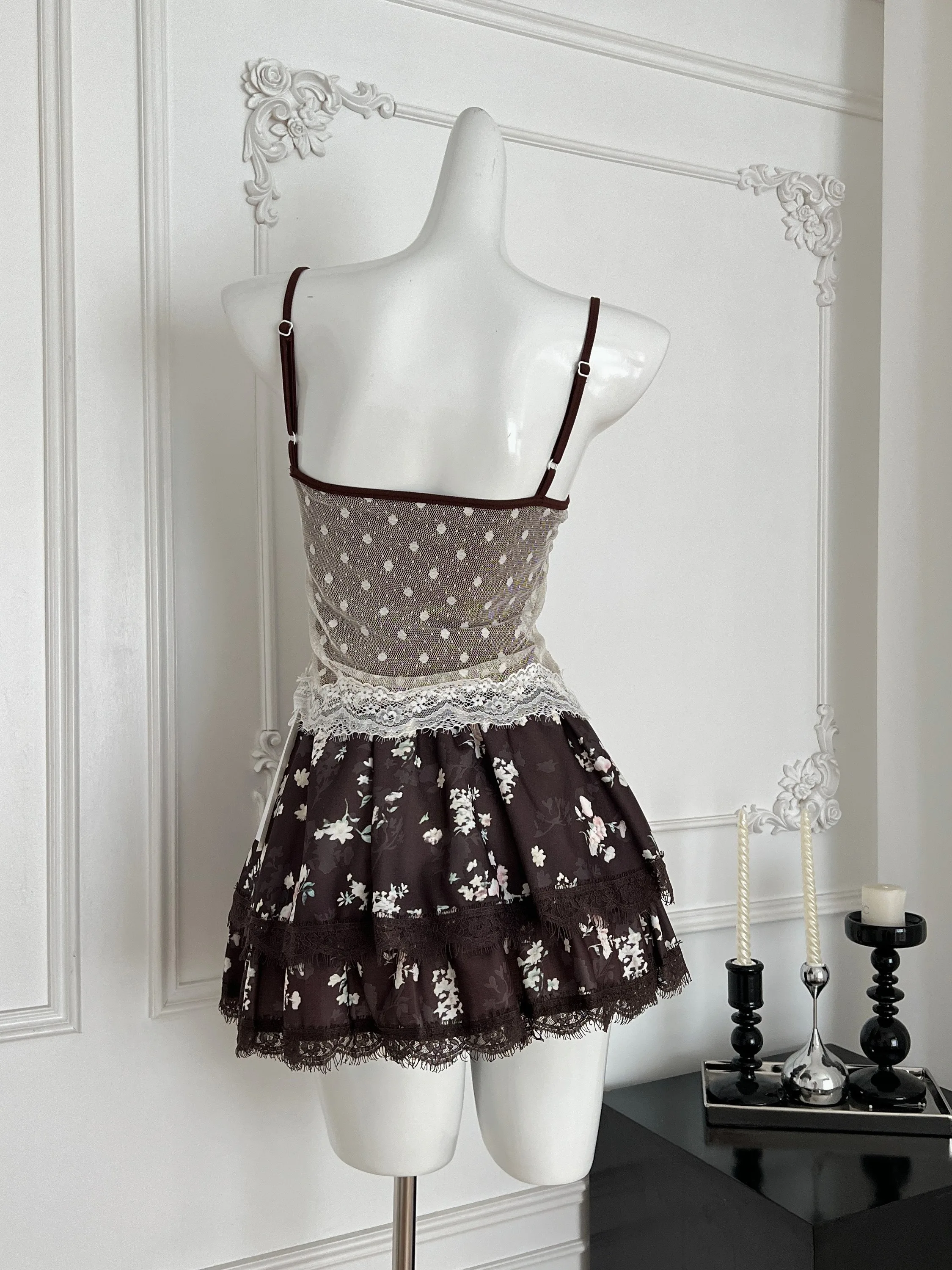 

Sweet Spicy Girl Summer Outfit Pure Desire Slim Fit Polka Dot Lace Crop Top High Waist Fluffy Skirt Women's Faion Set
