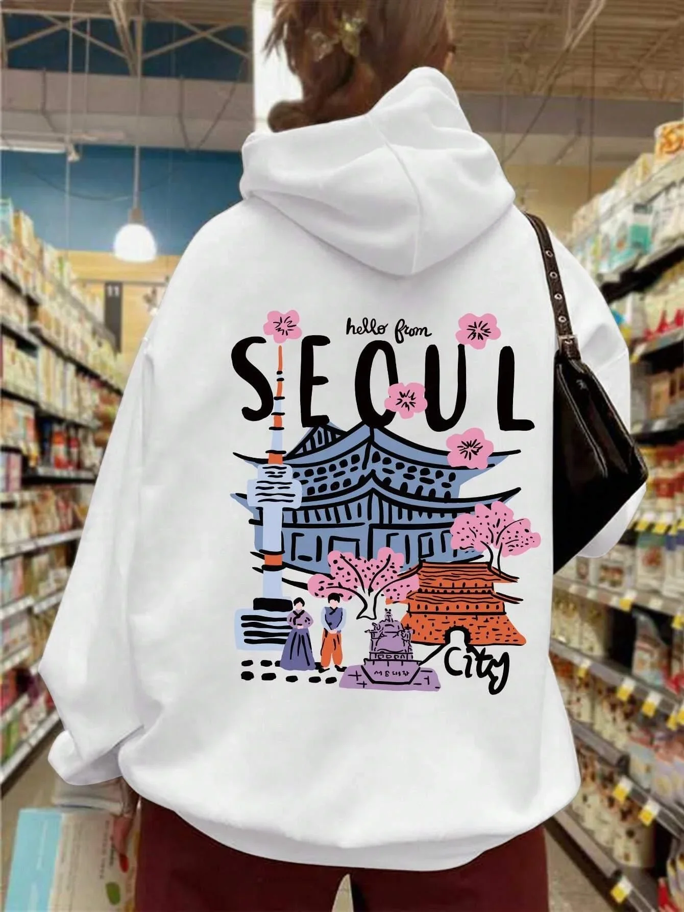 Seoul Beautiful Scenery Printing Womens Hooded Warm Fleece Comfortable Hoodies Simple Soft Hoodie Street Casual Loose Pullover