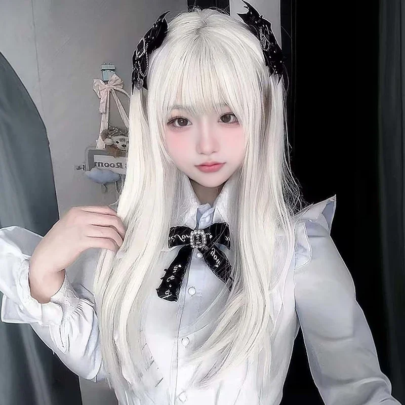 Femme Lolita Match cheveux longs raides bande dessinée exposition rôle vêtements habiller chapeaux frange droite perruque 2D Cos postiche