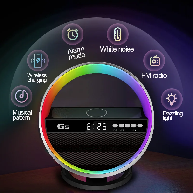 2024 BIG G Multifunction Bluetooth Speaker RGB Night Light Fast Wireless Charger Stand Mobile Wireless Charging Clock