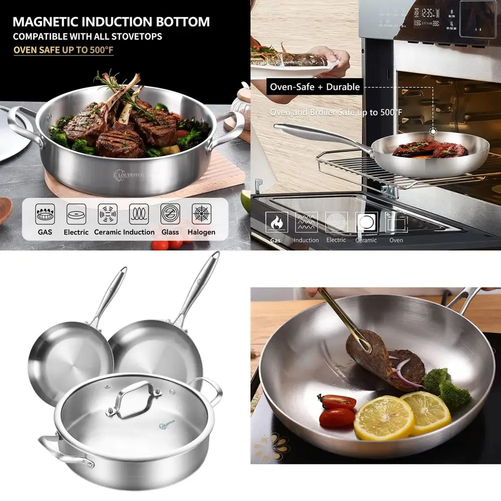 

12-дюймовая 3-слойная сковорода для соте из нержавеющей стали 5,5 QT и набор сковородок 8-10 дюймов, индукционная совместима, можно мыть в посудомоечной машине и в духовке Cookwa