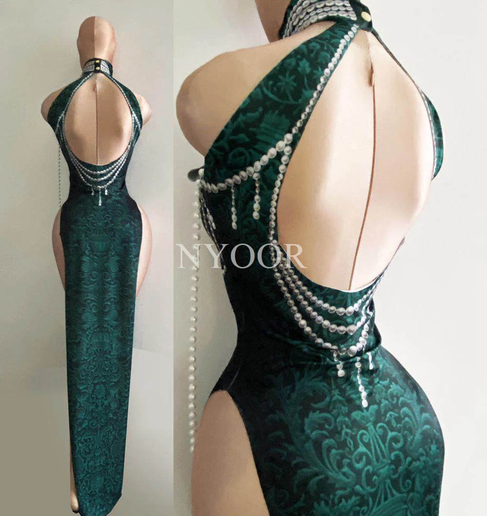 Vintage Cheongsam 3D Print Green Beaded Sleeveless Split Long Dress Sexy Nightclub Singer Stage Performance Costume Stage Wear