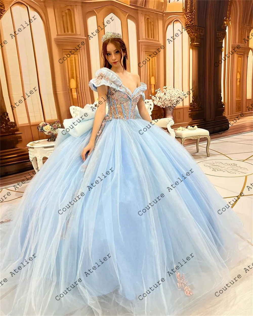 New Design Lace Applique Ruffles 15 Quinceanera Dresses Blue Off The Shoulder Sweet 16 Dresses Ball Gown Birthday Gowns Lace-up