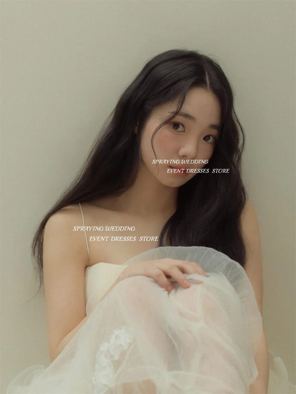 SPRAYING Luxury Beige Tulle Wedding Dress Korea Photo Shoot Strapless Strap Long Tiered Bridal Gown Corset Customized 웨딩드레스