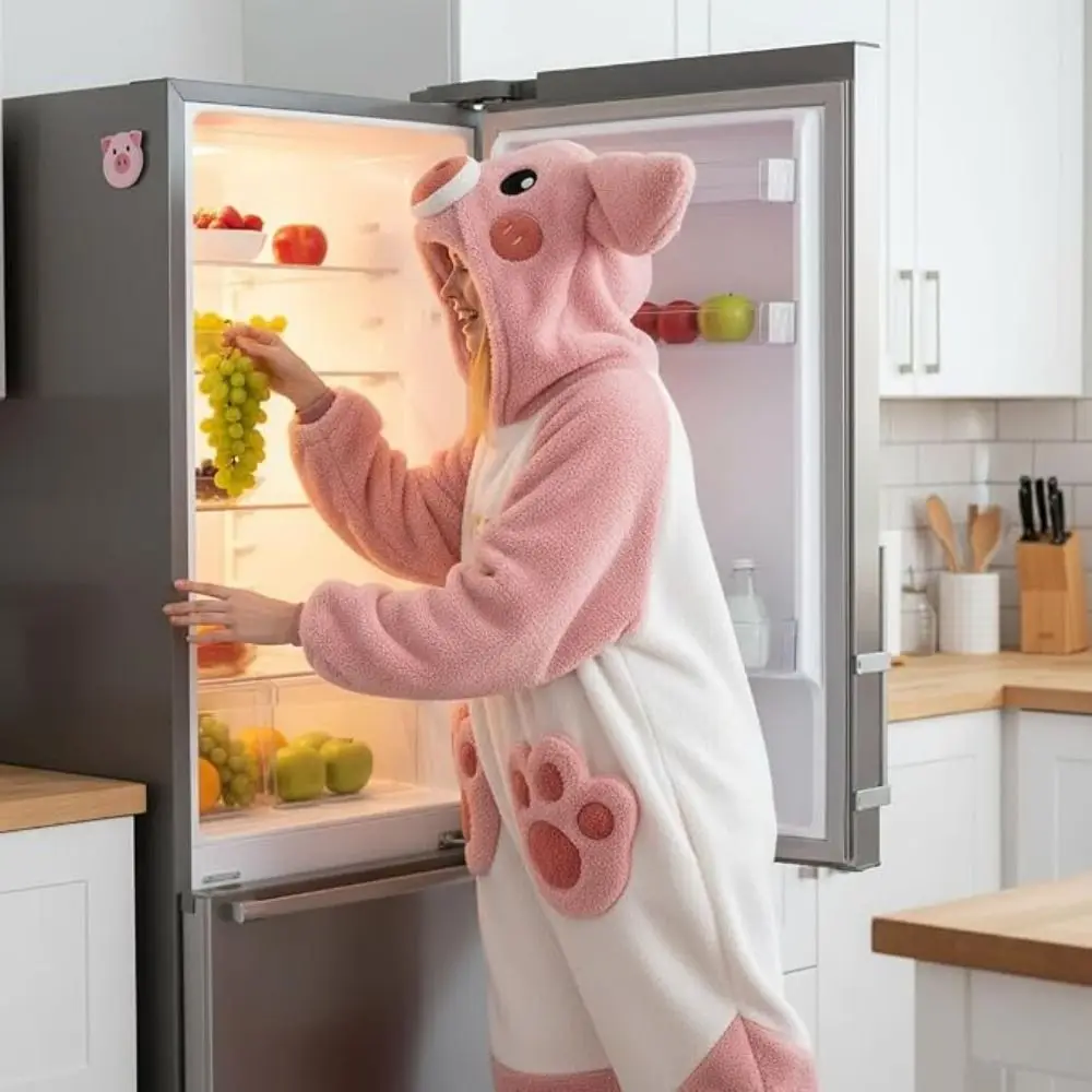 Coral Fleece Pig Onesie Pajamas 3D Ears Design Piggy Pocket Detail Adult Wearable Blanket Hooded Style Warm Lounger Robe